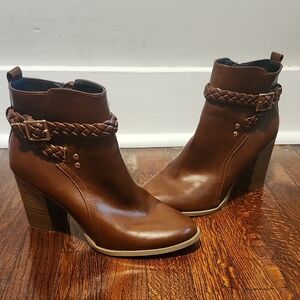 American Eagle Outfitters Vegan Leather Brown Heeled Boots with Braided Details